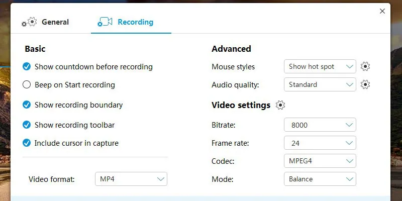 configure settings for recording