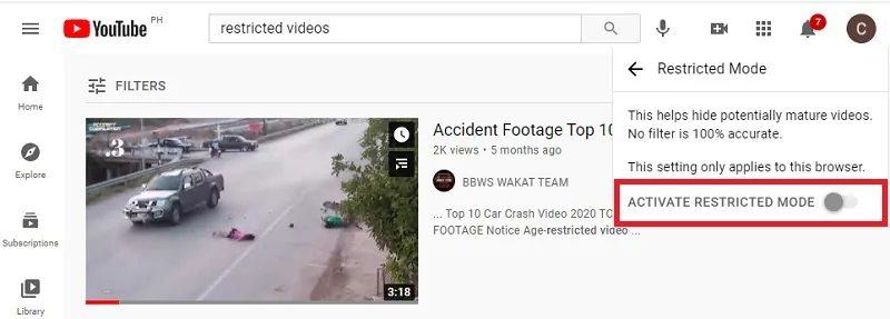 disable youtube safety mode