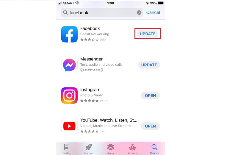 update the facebook app to the latest version