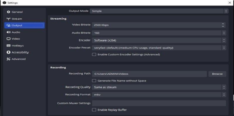 obs studio screen recorder show output setting