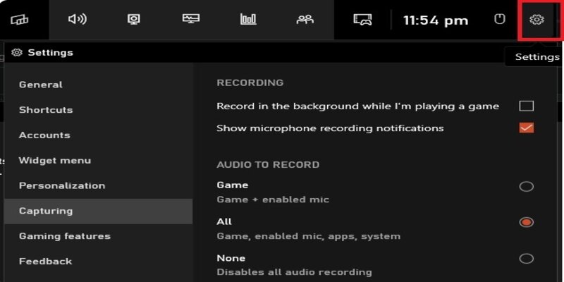 xbox game bar screen recorder show setting
