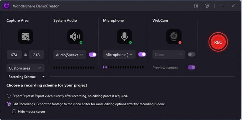 wondershare democreator screen recorder recording option interface