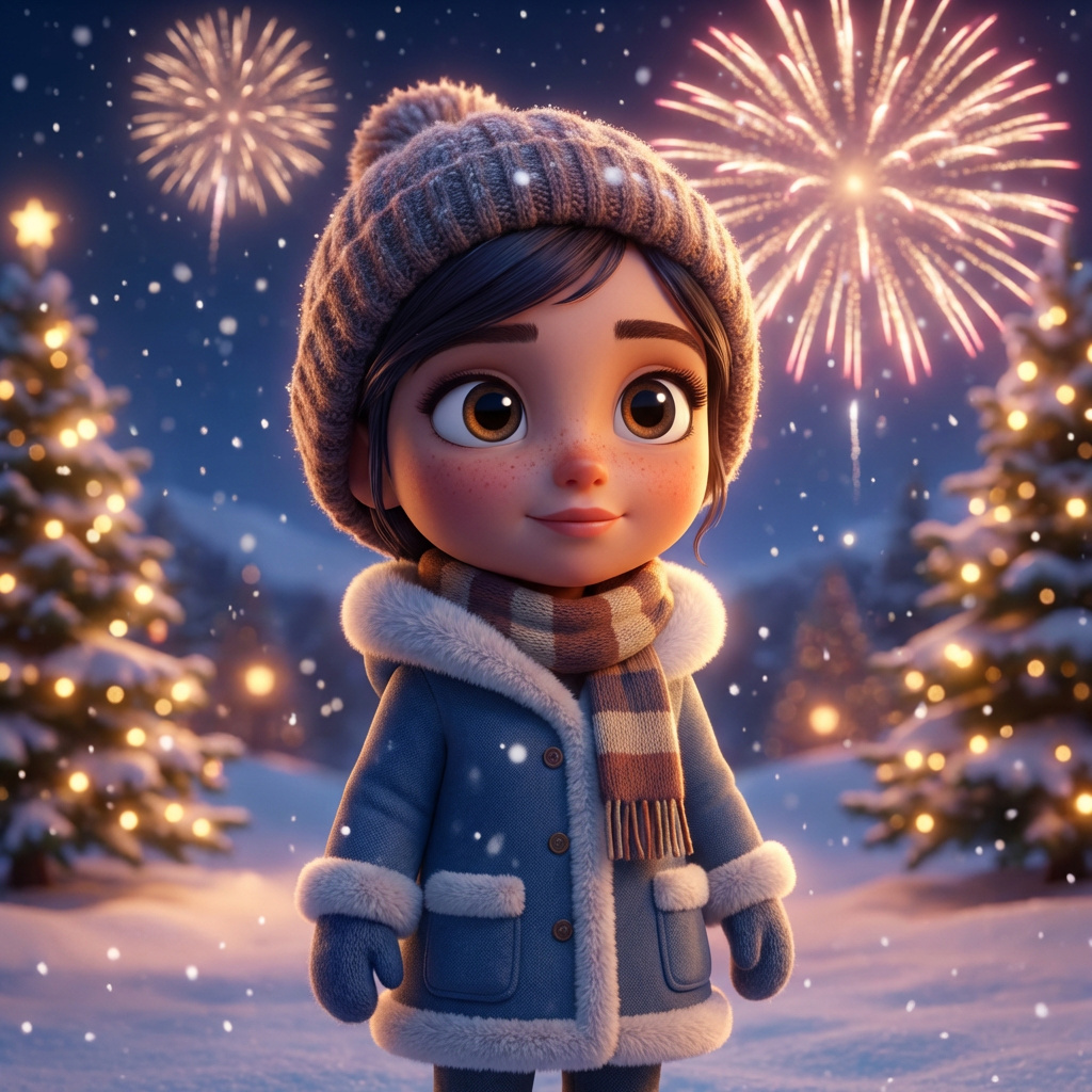Chibi de inverno com fogos de artifício